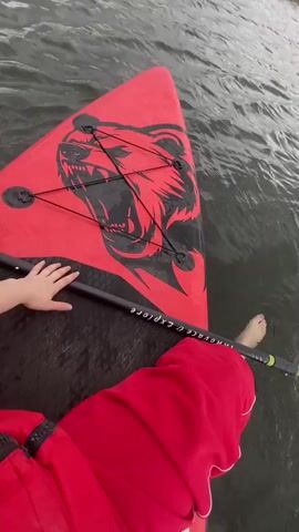 A first-person perspective video shows a person on a paddleboard in calm water. The paddleboard is red with a black bear graphic and a black bungee cord system on the front. The person is wearing red pants and has their feet bare, with one foot visible at the back of the paddleboard. A paddle with a green handle is resting on the paddleboard. The background shows a body of water with gentle ripples, a grassy shoreline, and a cloudy sky.