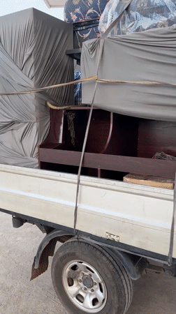 Collared monkey rides furniture-laden pickup truck in Bukuru, Nigeria