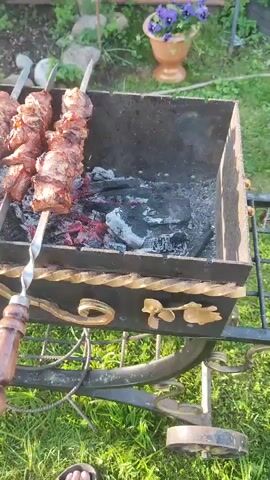 The video shows several skewers of meat being grilled over hot coals on a barbecue. The meat appears to be pork, cut into cubes and seasoned. The skewers are arranged in a row on a metal grill. Smoke is rising from the coals and the meat, indicating that it is cooking. The background is a grassy area with some rocks and plants. The video appears to be filmed outdoors in daylight. There are no people visible in the video. The barbecue is made of black metal and has a decorative wrought iron stand. The handles of the skewers are made of wood.