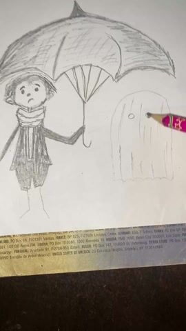 A pencil is adding a second eye to a rough sketch of a cartoon ghost. The ghost is on the right side of the paper next to a drawing of a young boy holding an umbrella. The drawing is on a sheet of paper with mailing addresses printed on the bottom.