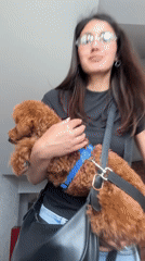 Woman holds brown poodle in Montenegro building stairwell
