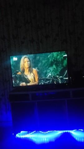 A television screen shows a scene from a movie or TV show. The scene appears to be set in a jungle or forest, with a man and a woman visible. The woman is wearing dark clothing and appears to be speaking, with subtitles visible on the screen. The man is partially obscured by foliage. The scene appears dark and somewhat mysterious. To the right of the TV is a column of decorative blue lights. The background wall is dark and textured.