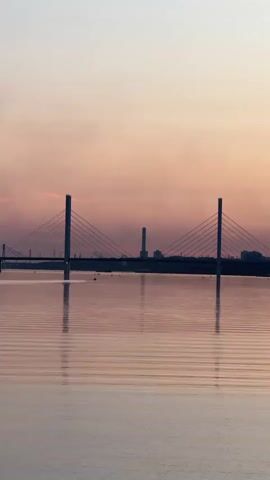 A video displays a river or large body of water under a hazy, pink and orange sky, suggesting either sunrise or sunset. A cable-stayed bridge with two tall, slender towers spans the water in the distance. The bridge is silhouetted against the sky, and its reflection is visible on the calm surface of the water. Behind the bridge, a city skyline is faintly visible, with a tall, narrow structure, possibly a smokestack or tower, rising above the rest of the buildings. The water is disturbed by subtle ripples, creating horizontal lines that reflect the light. The overall atmosphere is serene and somewhat industrial. There are no people or explicit actions depicted in the video.