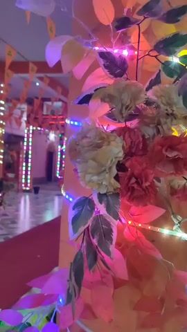 The video shows the interior of a building, possibly a temple, decorated with colorful lights. The floor is tiled in a diamond pattern, and a red carpet runs down the center. There are flags hanging from the ceiling, and what appear to be artificial flowers and foliage are used as decorations. In the background, a shrine with statues is visible. In the foreground, there is a pillar wrapped with colorful lights and decorative plants. A person, shirtless and wearing a lungi, walks into the frame from the right side of the screen, holding a dark object. The lighting is dim and primarily provided by the decorative lights, creating a festive but somewhat hazy atmosphere.