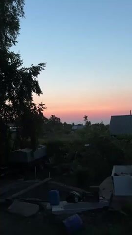 This is a vertical, handheld video showing an outdoor scene at dusk. The sky transitions from a clear blue at the top to a soft pink and orange horizon. In the foreground, silhouetted by the fading light, is a tree on the left and various objects including what appear to be boat trailers, construction materials, and two blue barrels. In the midground and background, there are dense bushes and trees, with the roofs of a few houses visible. The overall impression is a rural or semi-rural setting at the end of the day. There are no people visible in the video.