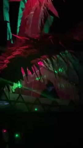 The video shows a person in a black hat and shirt operating sound equipment from behind a triangle patterned table, likely as a DJ. The area is decorated with a large, possibly handmade, dragon head sculpture looming over them. The sculpture is made of straw or similar material and is lit with red and green lights, creating a festive or theatrical atmosphere. The overall scene is dark, with the lights illuminating the DJ and the dragon head as the main focal points.