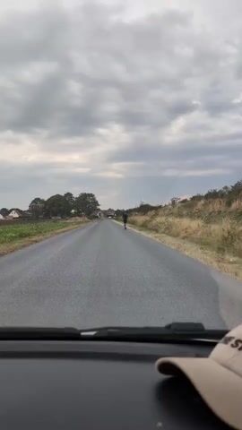 The video shows a person on a scooter on a paved road. The person is wearing a black t-shirt and shorts. The road is lined with dry grass and bushes on the right side. In the distance, there are houses and a wind turbine. The sky is cloudy. The camera appears to be mounted inside a vehicle, looking forward.