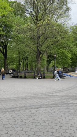 Saxophonist performs on park bench in New York