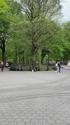 Saxophonist performs on park bench in New York