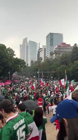 The video captures a large gathering of people in a city street, densely packed and appearing to be celebrating. Many individuals are holding and waving Mexican flags, predominantly in green, white, and red. Some people are wearing green clothing, suggesting a common affiliation or event. The environment appears to be urban, with tall buildings visible in the background, some of which are modern skyscrapers. Trees line the street, and there are streetlights and traffic signals. The sky is overcast, indicating possibly cloudy or rainy weather, as a few people are seen holding umbrellas. The overall atmosphere is one of energetic celebration and civic pride.