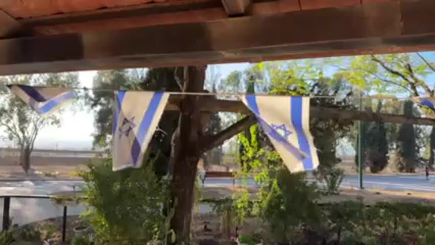 The video shows a string of Israeli flags hanging from a wooden beam, likely under the eaves of a building or structure.  The flags, white with a blue Star of David in the center, flutter gently. A tree trunk bisects the center of the frame. Outside, a road and trees are visible in the background under a bright sky. The foreground features greenery, including bushes and potted plants. The scene appears to be in a park-like or semi-rural setting.