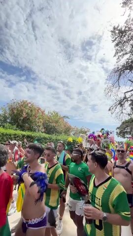 A group of people are gathered outdoors on a sunny day, under a sky with scattered clouds. Many of them are wearing green and yellow striped shirts, and some have colorful accessories like feather boas and fans. Several individuals are holding drinks. The atmosphere appears festive, suggestive of a parade or celebration. The background shows lush greenery and trees.
