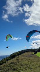 Paragliders soar over Indonesian coastal cliffs in morning flight