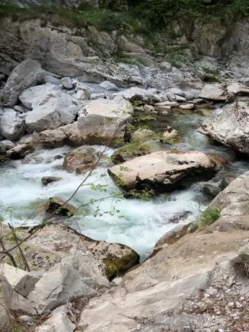The video shows a small, shallow river flowing rapidly through a rocky gorge. The riverbed is filled with smooth, light-colored rocks of varying sizes. Small green plants grow among the rocks and on the edges of the riverbank. The steep sides of the gorge are also rocky and covered in sparse vegetation. The water is clear and foamy as it rushes over the rocks.