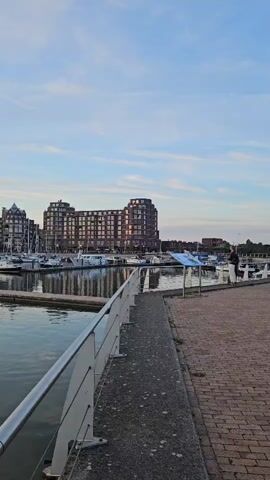 The video shows a scenic view of a harbor with boats docked and buildings in the background. The water is calm and reflects the sky and buildings. A paved walkway runs along the edge of the water, with a metal railing. The sky is a soft blue with some scattered clouds. The buildings are modern, with large windows that reflect the sunlight. The scene appears to be peaceful and serene.