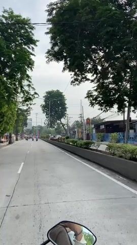 This is a first-person perspective video, seemingly filmed from the back of a motorcycle, capturing a view of a road with moderate traffic. The road is paved with white lane markings and is bordered by trees and a median strip with plants. Several motorcycles are visible, some with passengers. On the left side of the road, there are buildings and a large billboard. On the right side, there are more trees, some signage, and power lines. The sky is overcast. The video is shot in portrait orientation.
