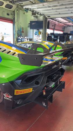 Lamborghinis in race livery parked up in a Scarperia garage