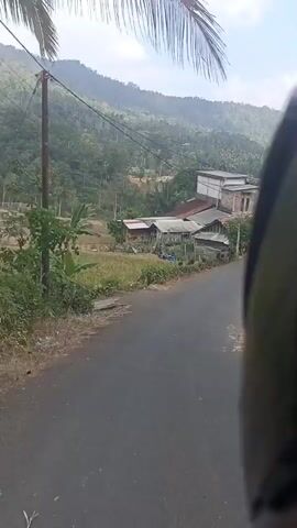 The video shows a road in a rural area. There are houses and trees on either side of the road, and hills in the background. The sky is blue with some clouds. The camera appears to be mounted on a moving vehicle, likely a motorcycle, as evidenced by the blurry foreground and the slight tilt of the camera. The video is shot from a first-person perspective. The overall impression is a scenic drive through a village in a hilly region.