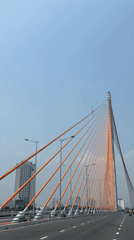 Cable-stayed bridge filmed from moving perspective in Da Nang