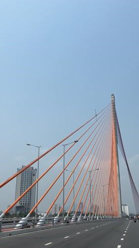 Cable-stayed bridge filmed from moving perspective in Da Nang