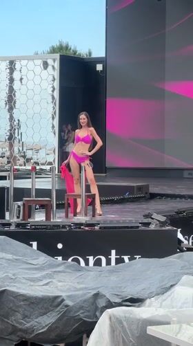 Woman models pink bikini in pageant competition in Kemer
