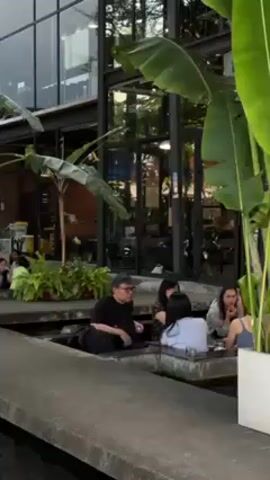 The video shows the exterior of a modern-looking building, possibly a cafe or restaurant, with a unique outdoor seating area. Several groups of people are visible in the seating area, which appears to be a sunken, water-filled space with concrete edges. Some people are seated at tables, eating and chatting. A man is sitting alone with a laptop in the water-filled space, adjusting his hair. The building has large glass windows with a black metal frame, allowing a view of the interior, which includes tables, chairs, and lighting fixtures. Lush greenery, including large banana plants in white square planters, surrounds the seating area. The video is taken from a slightly elevated angle, providing a comprehensive view of the scene.
