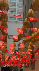 Red Communist Party flags decorate urban area in Nha Trang