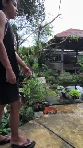 A young man in a black tank top and shorts walks along a concrete surface towards a garden with a pond. He tosses something into the water, then bends over near a flowerbed. The garden includes greenery, flowers, and a gazebo-like structure.
