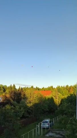 This is a vertical video of hot air balloons flying in the sky above a residential area with trees. The sky is clear blue. There are at least four hot air balloons visible, some are heart-shaped and colorful. Below the sky are green trees with some red-tiled roofs peeking through. A fence and a white car are visible in the foreground. The lighting suggests it is either sunrise or sunset.