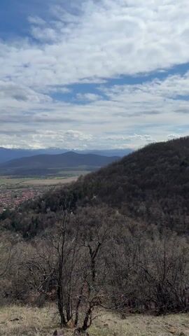 The camera pans slowly across a scenic landscape, featuring a town nestled in a valley surrounded by green fields. In the background, snow-capped mountain peaks stretch across the horizon under a blue sky dotted with white clouds. In the foreground, a hillside covered with bare trees slopes down towards the town, providing a vantage point for the view.  The scene conveys a sense of tranquility and natural beauty.