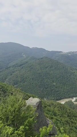 The video is a vertical panorama of a mountainous landscape. In the foreground, on the left, there is a large rock formation covered with greenery. The middle ground is dominated by lush green forested hills and mountains, with a winding river visible in the valley below. In the far distance, more rolling hills and mountains can be seen under a cloudy sky. The overall scene is one of natural beauty and a remote, undeveloped environment.