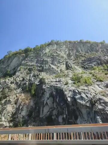 The video captures a close-up view of a sheer rock face, likely a cliff or mountainside, under a clear blue sky. Vegetation, including trees and shrubs, grows sparsely on the rocky surface, adding patches of green to the otherwise gray and brown stone. The rock itself appears to be sedimentary, with visible layers and fractures. In the foreground, a section of a wooden fence or railing with metal accents is visible, suggesting the viewpoint is from a bridge, overlook, or a path adjacent to the cliff. The camera appears to be in motion, slowly panning or moving along the cliff face. No people or animals are visible.