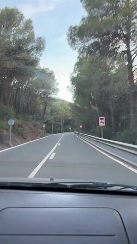 The video shows a car driving on a winding road through a forest. The road is paved and has white lines marking the lanes. There are trees on both sides of the road. A guardrail is visible on the right side of the road. Several road signs are also visible. The sky is visible in the distance.