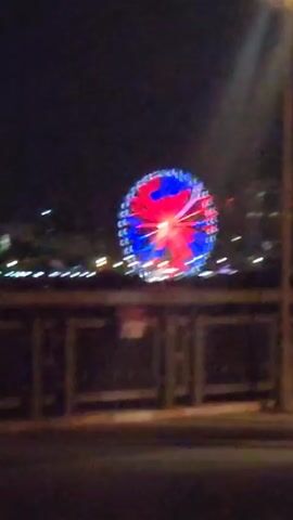 The video shows a Ferris wheel at night. The Ferris wheel is lit up with red, blue, and pink lights. In the foreground, there is a dark road and a railing. The background is dark with some lights from buildings and the city. The camera is shaky, suggesting it may have been handheld or the footage was taken from a moving vehicle.