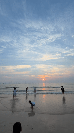 Sunset beach evening on Jeju's coast with offshore wind farm views