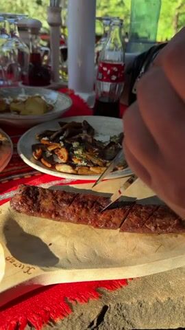 The video shows a close-up view of a table laden with food and drinks set outdoors in a sunny environment. In the foreground, a person's hands are using a knife and fork to cut into a long, grilled sausage served on a wooden board. The sausage appears to be cooked to a medium brown with grill marks. To the left of the sausage is a piece of grilled vegetable, possibly eggplant, and a small piece of carrot on a spoon. Behind the sausage, there are several plates of food. One plate contains what looks like grilled eggplant slices seasoned with herbs. Another plate holds a round, golden-brown flatbread topped with melted cheese. Further back, there's a plate with what seems to be roasted potatoes with a white sauce. The table is covered with a red and white patterned tablecloth. Various glass bottles, including a Coca-Cola bottle and wine bottles, as well as glasses and condiments, are visible on the table. In the background, blurred figures of people are seated at other tables, and trees and greenery suggest an outdoor dining setting, possibly a restaurant or a picnic area near water. The overall impression is a meal being enjoyed outdoors.