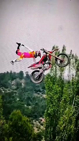 A dirt bike and its rider are airborne, performing a stunt. The rider, clad in a pink and white suit, is off the bike, suspended horizontally with legs extended. The bike is red with gold accents. The background features dense green trees and a gray sky, revealing a mountainous landscape. The lighting is overcast, providing a soft, diffused light.