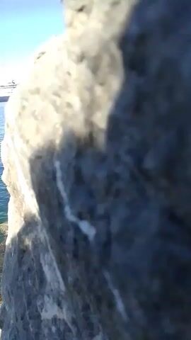 The video begins with a close-up of a rock, then pans to reveal a body of water and a large cruise ship in the distance. The ship is white with a dark hull and has the words "Hanseatic Cruises" written on its side. The sky is clear and blue, and the water is a deep blue color. The sun is shining, casting a shadow on the rock in the foreground. There are some smaller rocks visible at the edge of the water, and the water appears to be relatively calm. The cruise ship is stationary in the water, and there are no other vessels or people visible in the immediate vicinity.