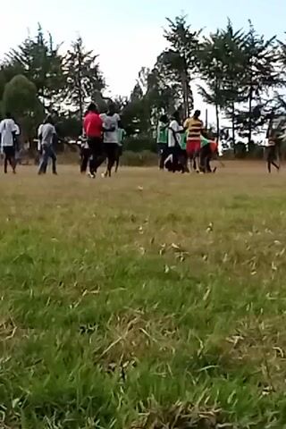 The video shows a group of approximately 15 people on a grassy field, with trees in the background. The individuals are wearing various colored clothing, including white, red, yellow, green, and dark colors. They appear to be clustered together, possibly engaged in a sport or some kind of group activity. Some people are standing, while others may be on the ground or kneeling. The field is primarily green, with some patches of dry grass. The sky is light, suggesting daytime.