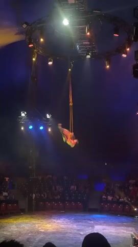 The video shows a circus performance in a dimly lit tent. The main focus is an aerialist suspended from a high rigging system by what appears to be a rope or trapeze. The aerialist, wearing a colorful costume, is performing a dynamic acrobatic routine, swinging and contorting their body through the air. Spotlights illuminate the performer and the performance area, casting dramatic shadows. Below, the audience is seated in tiered seating, observing the act. The overall atmosphere is one of awe and spectacle, typical of a live circus show.