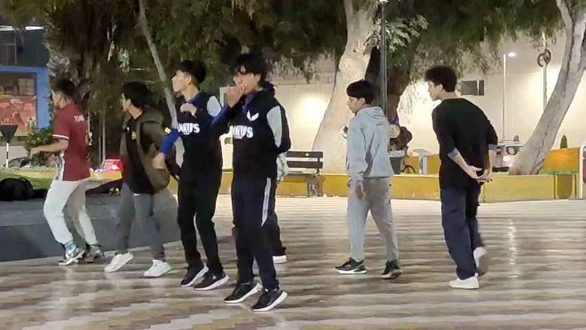 The video shows a group of six young men performing a coordinated dance routine in a public space. They are dressed in casual clothing, including tracksuits, t-shirts, and sweatpants. The dancers are standing on a patterned plaza with trees and benches visible in the background. There is a building with a mural on the side in the left background, and a streetlight and street sign are on the right. The dancers move in unison, executing arm movements and footwork to the music. Other people are present in the background, including a couple sitting on a bench.