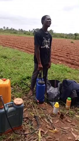 The video shows a young Black man in a black t-shirt and dark pants standing in a field. He is preparing to use a blue backpack sprayer, which he is lifting onto his shoulders. To his left are two large containers, one orange and one green with a black lid. Other items on the ground include a black plastic bag, a dark jacket or bag, and two bottles, one yellow and one green and yellow. The man is in the process of adjusting the straps of the sprayer. The background shows a large, tilled field with rows of soil, and beyond that, a line of trees under a cloudy sky. The man appears to be working outdoors in an agricultural setting.