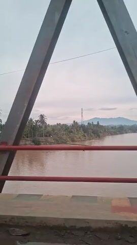 The video shows a view from a bridge over a brown river. On the far bank of the river, there is a line of palm trees and other vegetation, with a mountain range in the distance. A tall, slender transmission tower is visible on the horizon. The sky is overcast. In the foreground, there are metal beams and red railings of the bridge. At the 0:03 mark, two people wearing headscarves are partially visible in the foreground, walking past the camera and obscuring the view of the river and landscape.