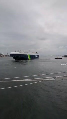 The video shows a large car carrier ship, identified by the "NYK" logo on its side, moving through a body of water. The ship is dark blue with a prominent lime green stripe running along its hull. It appears to be in a harbor or a port, with industrial structures, cranes, and other vessels visible in the background on the left and right. A smaller tugboat is also present, trailing behind the car carrier. The sky is overcast with a cloudy, grey appearance, suggesting a dull or possibly stormy day. The water is choppy, indicating some wind or current. The scene is captured from the perspective of another vessel, as evidenced by thick white ropes crossing the foreground. The overall mood is somewhat utilitarian and industrial, focused on the movement of maritime cargo. The time of day is not explicitly indicated, but the overcast conditions create a diffused light.
