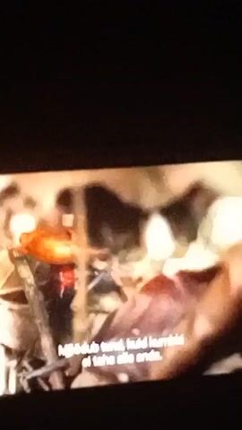 The video captures a close-up view of a small, vibrant orange and black creature, possibly an insect or a small amphibian, nestled among dry leaves and twigs. The creature appears to be clinging to a branch or leaf, its body partially obscured by the surrounding foliage. Subtitles in what appears to be Estonian and Russian are visible at the bottom of the screen. The lighting is dim, suggesting an indoor or dimly lit outdoor setting. The camera is steady, focusing on the creature and its immediate surroundings. The overall impression is one of observing a moment of stillness or vulnerability in nature.