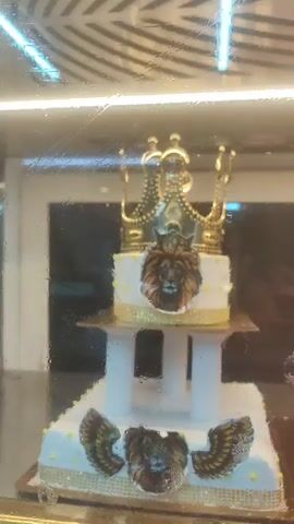 The video shows a display case of cakes. The first cake is a two-tiered white cake with a gold crown and a lion's face on top, and a lion's face with wings on the bottom. Next to it is a pink and white cake decorated with palm trees, butterflies, a rainbow, and a star. Further to the right is a yellow two-tiered cake with a doll on top and butterflies and roses as decoration. There are golden spheres and other decorative elements on the stands. The cakes are illuminated by overhead lighting, and reflections are visible on the glass of the display case. The background is out of focus, but appears to be an interior space.