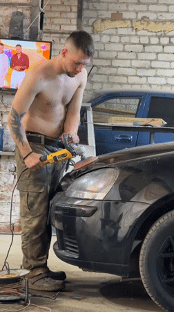 Auto garage work and personal moments captured over hour