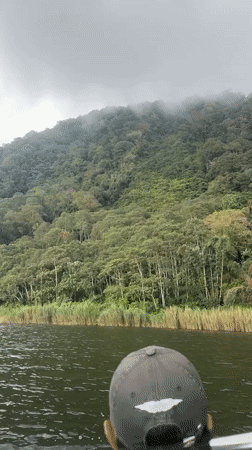 Boat tour documents Lake Beratan construction, mountain scenery