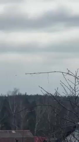 The video shows a view of a cloudy sky, trees without leaves, and a building with a red roof in the background. As the video progresses, a small airplane is visible in the distance, flying across the cloudy sky.
