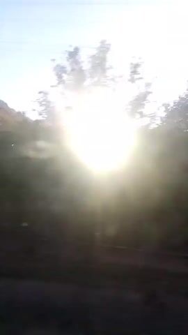 The video begins with a shot of the sun shining through trees, with a mountain in the background. The camera then moves to show a person sitting in a vehicle, looking out the window. The person is wearing a black t-shirt and has a backpack with a green and orange detail. The vehicle appears to be in motion, as the background is blurred. The video shows houses and trees passing by outside the window. The sun is still visible, creating a glare on the window.